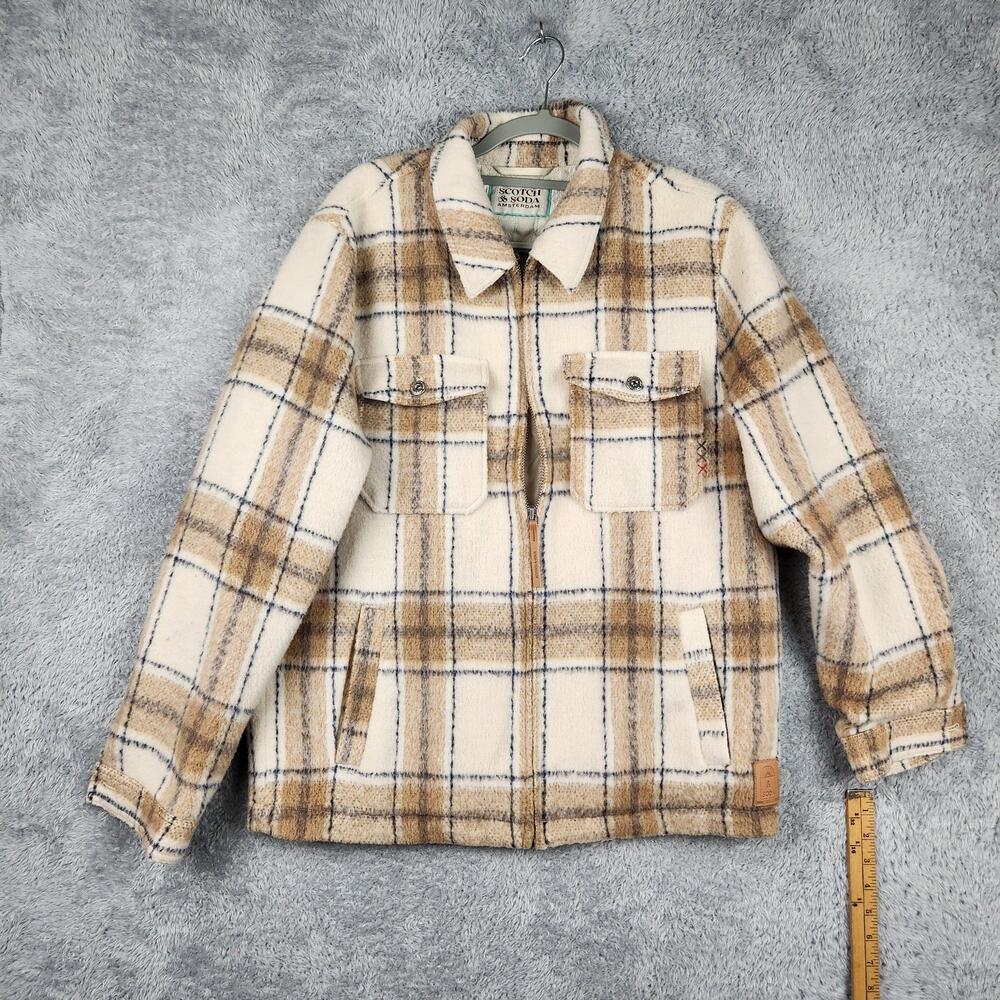 Scotch & Soda Amsterdam Jacket Mens Large Beige Plaid Quilted Sherpa Lined Zip